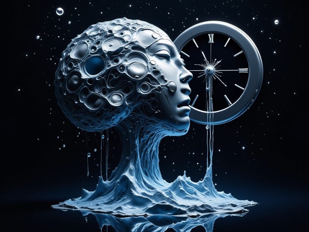 Melting Clock Face Over Human Brain in Surrealist Style