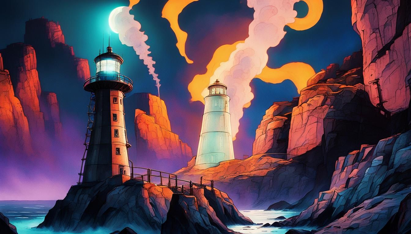 Cybernetic Lighthouse Overlooking Gothic Village in Film Noi...