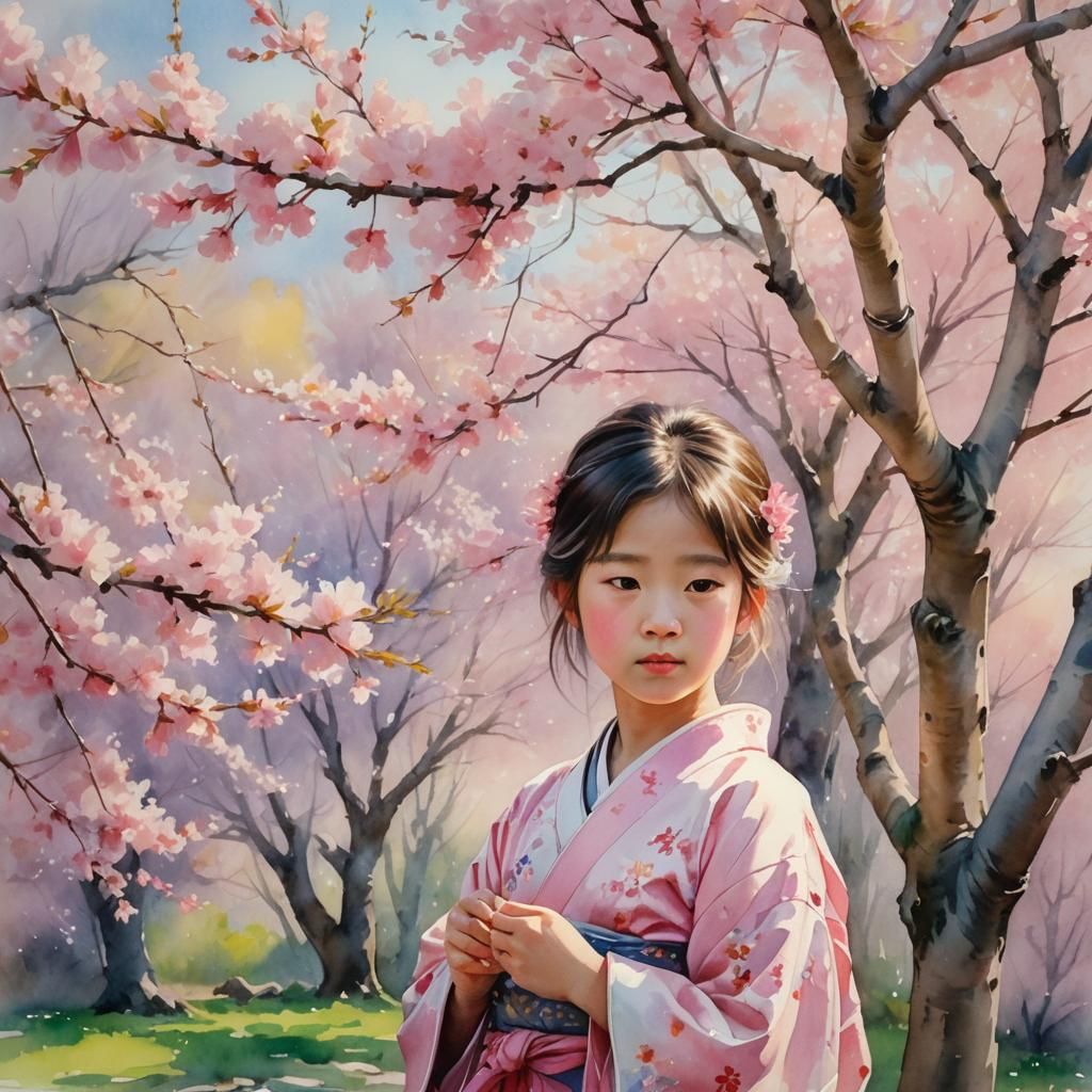 Girl in Kimono Under Cherry Blossom Tree