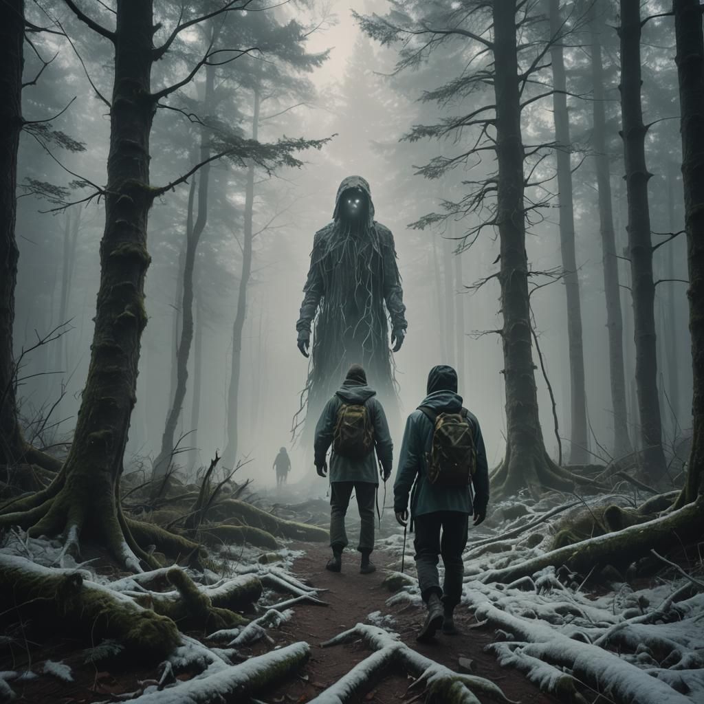 Ethereal Encounter: Hiker and Ghost in Misty Forest