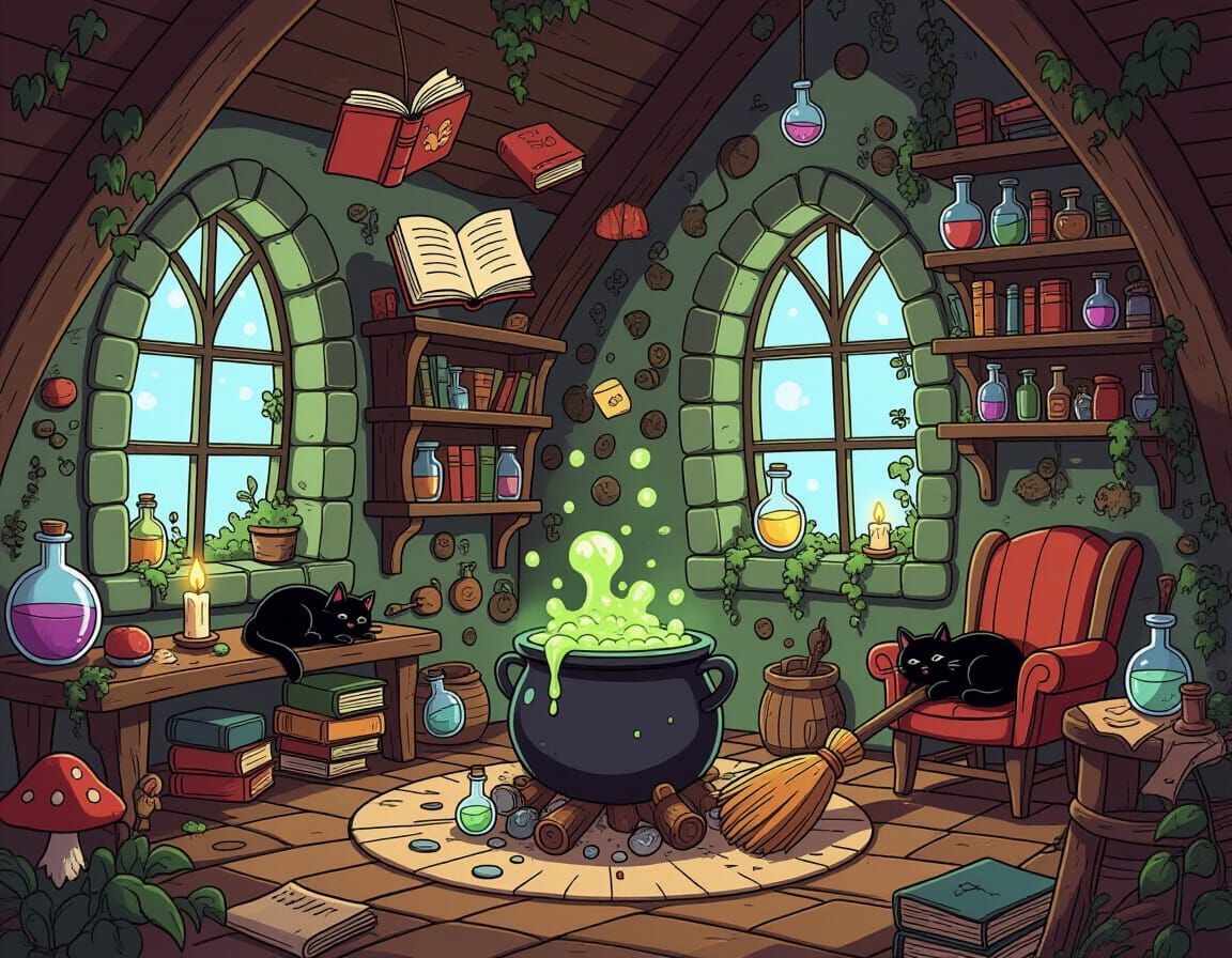 Cozy Witch's Cottage Interior in Cartoon Style