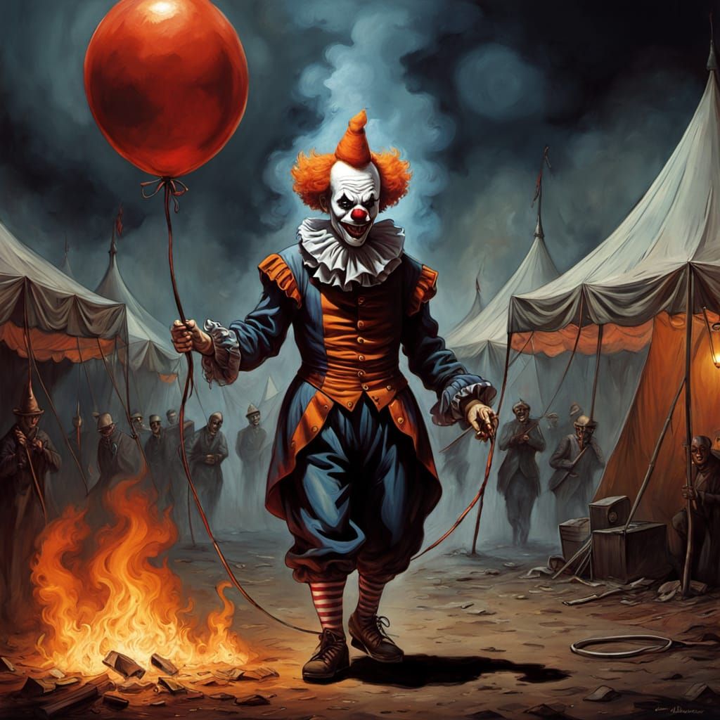 Surreal Horror Clown Ringleader Strides Through Burning Circ...