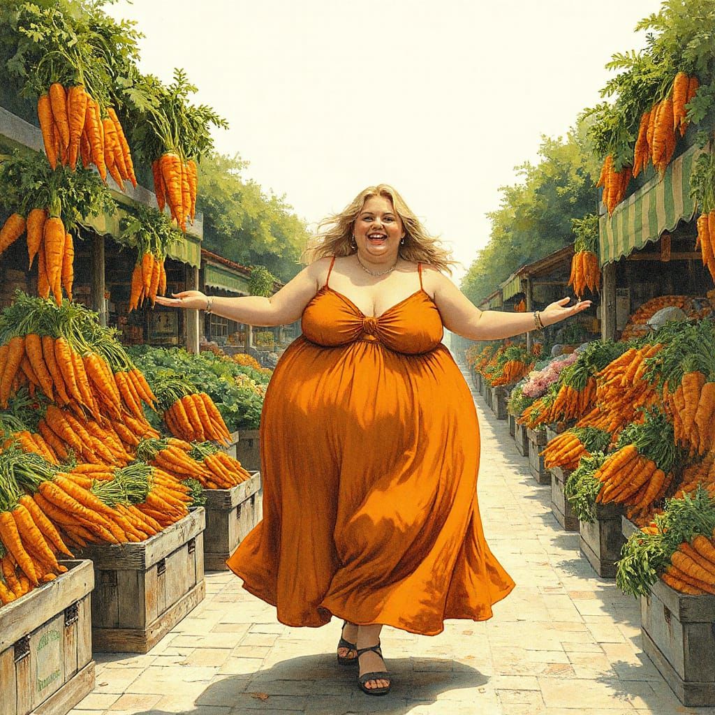Happy Woman Dancing in Carrot Market, Vintage Style