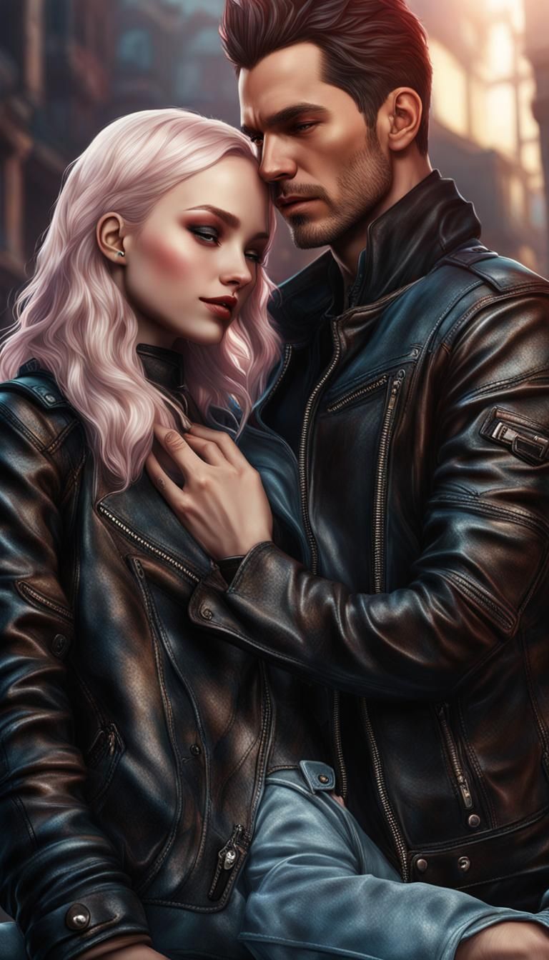 Daniel Fox hugging Dove Cameron both in  leather jackets   :...