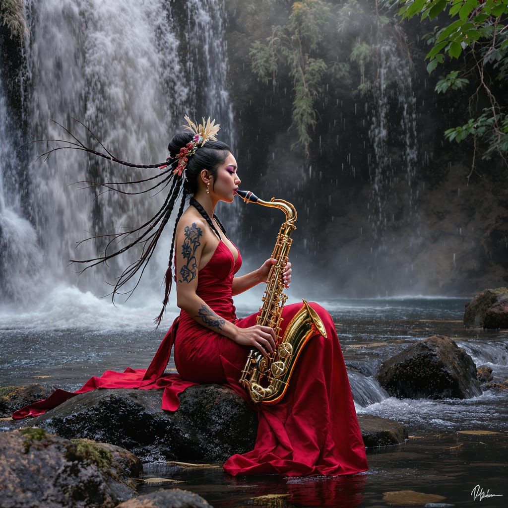 Samurai Saxophonist by Amazon Waterfall