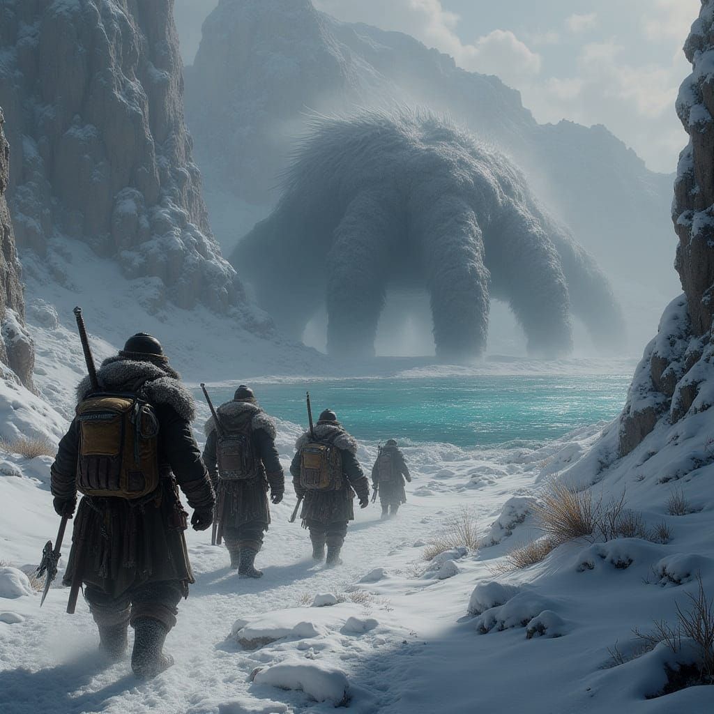 Dark Fantasy Adventurers Approach Mysterious Warm Lake