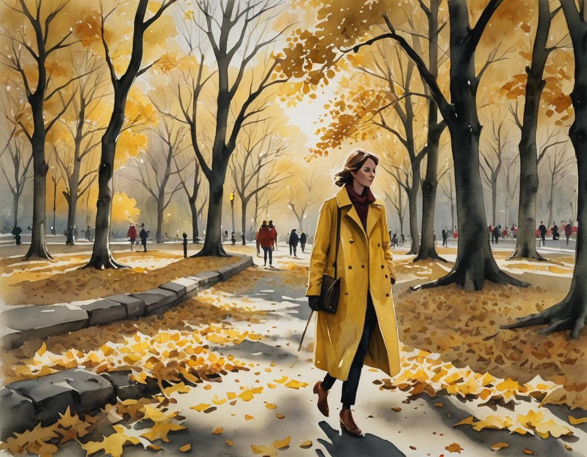 Woman in Central Park: Watercolor Ink Wash