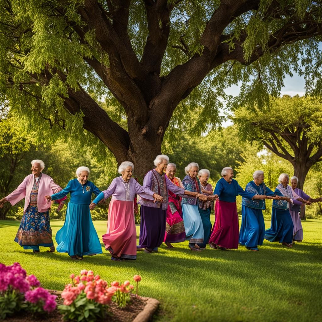 Elderly People Dancing on a Flower Bed