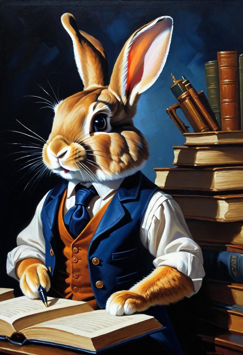 Rabbit Writer in Blue Waistcoat Oil Painting