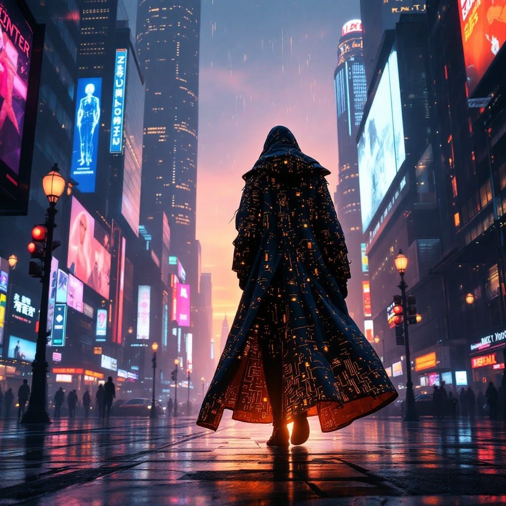 Futuristic Cityscape at Dusk in Cyberpunk Style
