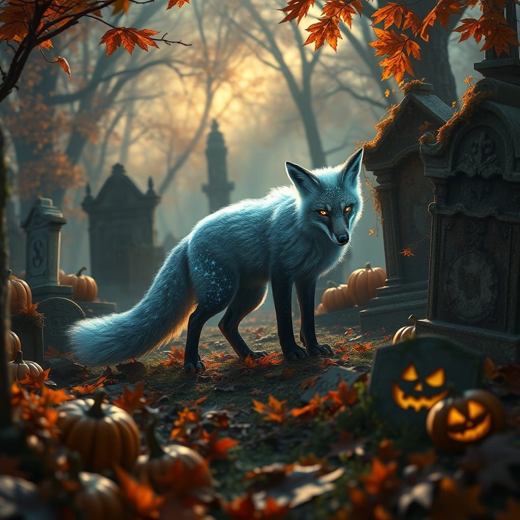 Ethereal Astral Fox in Autumn Graveyard