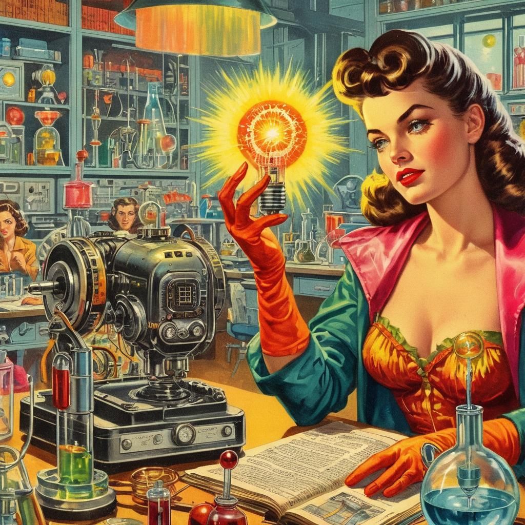 Retro Sci-Fi Female Scientist in Lab, Pulp Art
