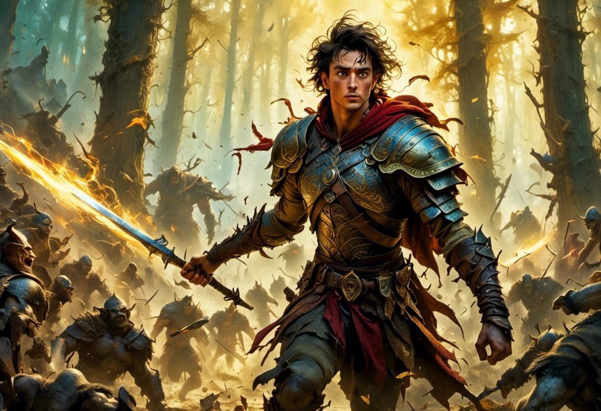 Elf Warrior Battles Orcs in Misty Forest