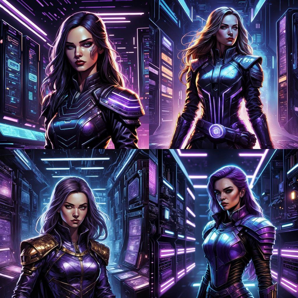 Mysterious Hacker Sorceress in Cyberpunk Server Room