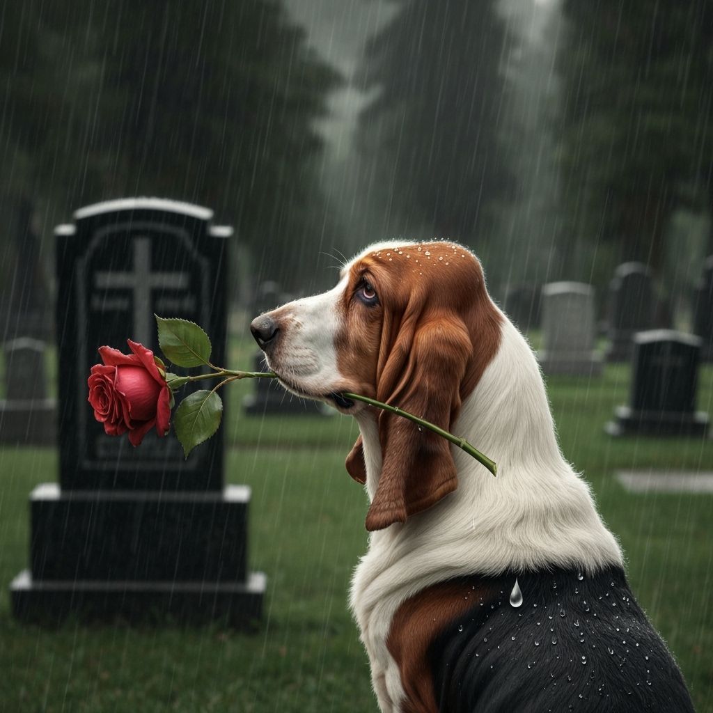 Basset Hound Watches Gravestone with Rose in Rainy Cemetery