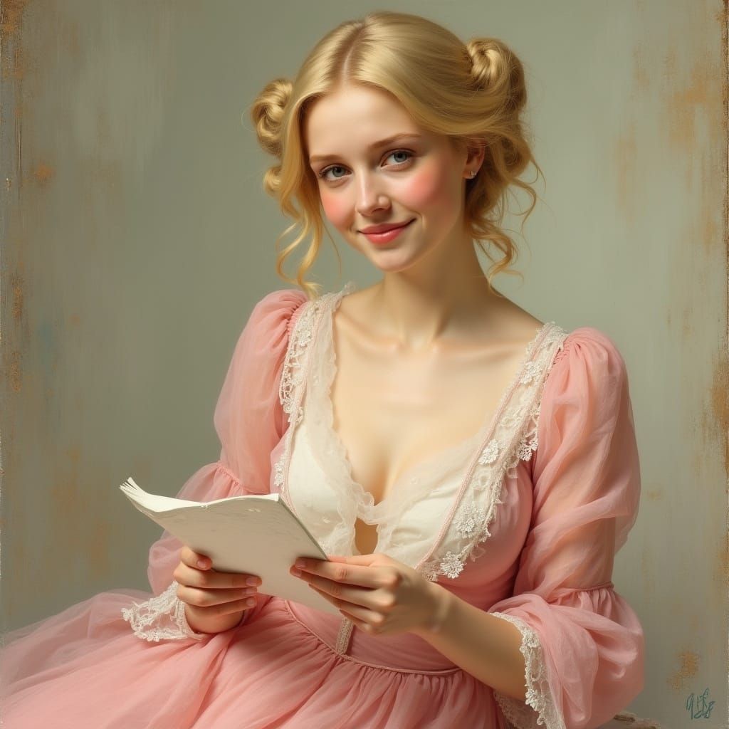 Elegant Woman in Pink Dress, Art Nouveau Style