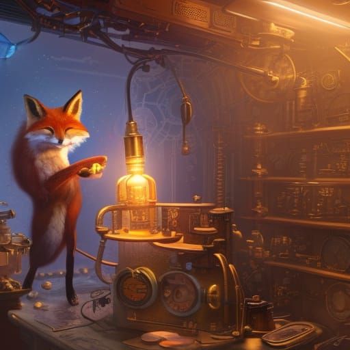 Steampunk Fox Scientist in Cloud Lab