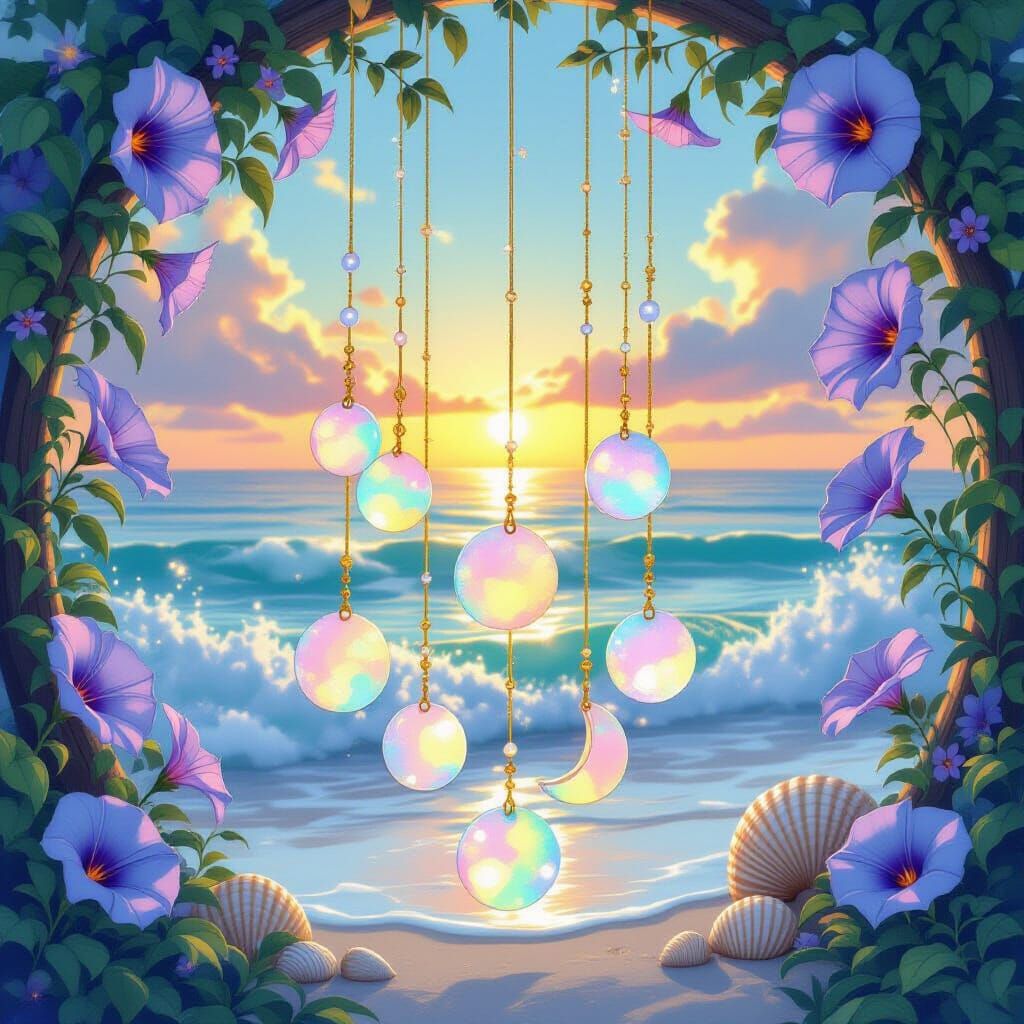 Opal Moon Wind Chime with Morning Glories