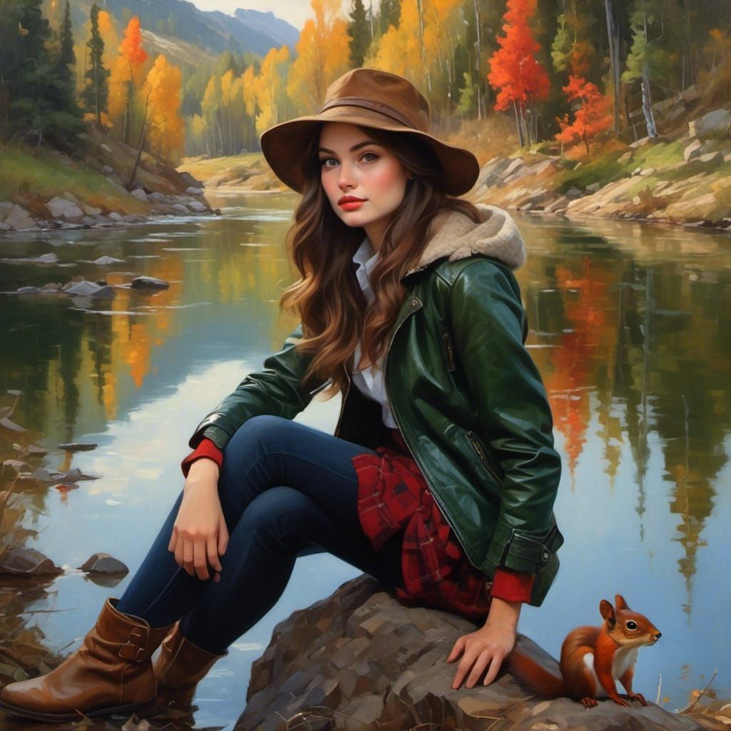 Russian Girl and Squirrel by Mountain Lake
