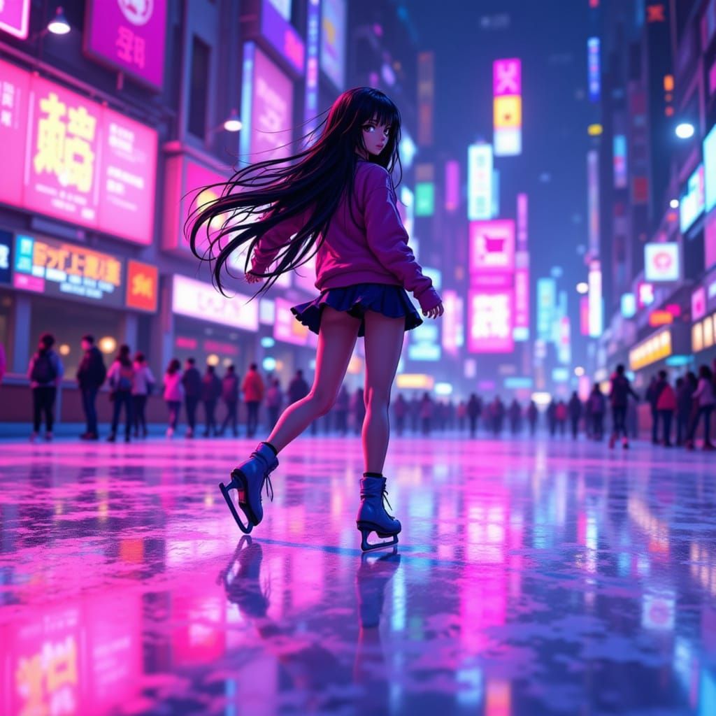 Anime Girl's Joyful Triple Axel at Neon Ice Rink