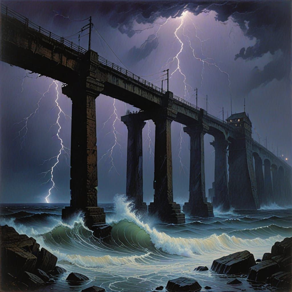 Majestic, Twisted Bridge Amidst Turbulent Ocean