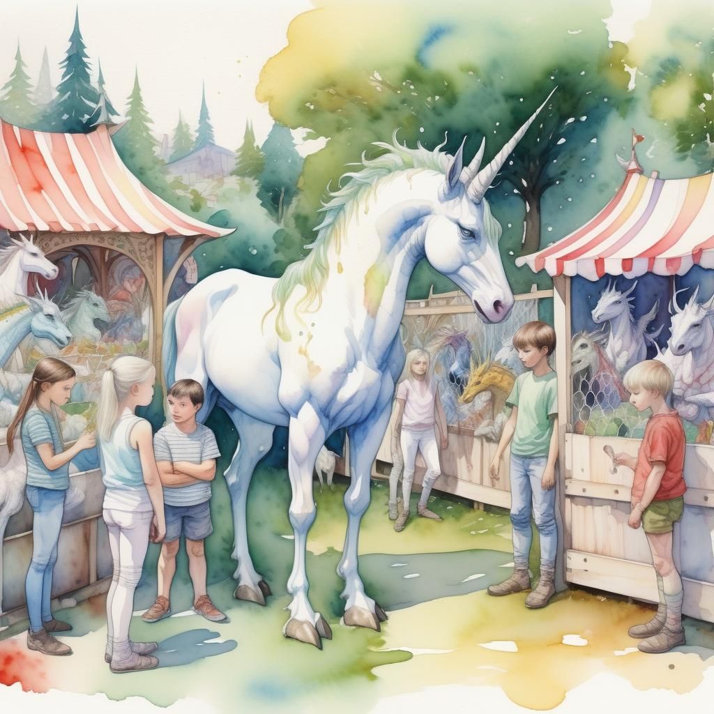 Humans and elves browse a petting zoo with unicorns and drag...