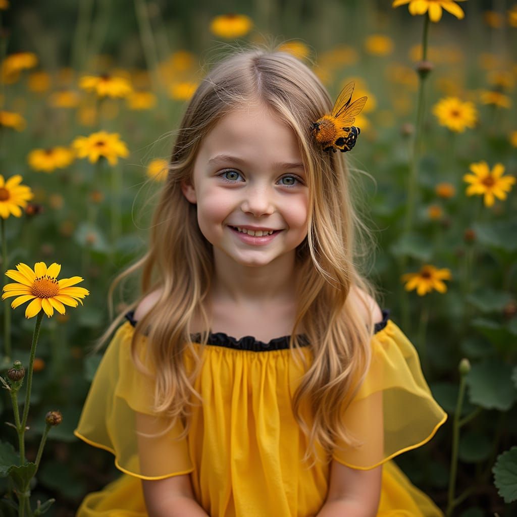 Sunny Girl in Floral Garden, Inspired by Vintage Art