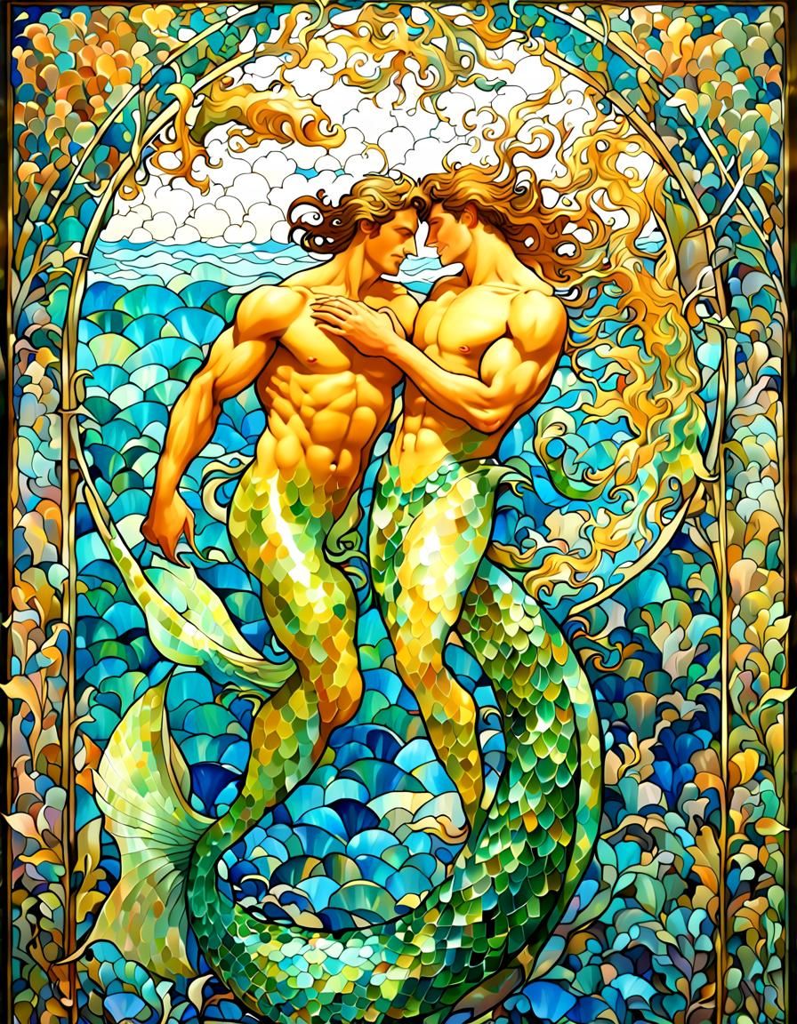 Mermen in Love: A Mosaic Art Nouveau Fantasy