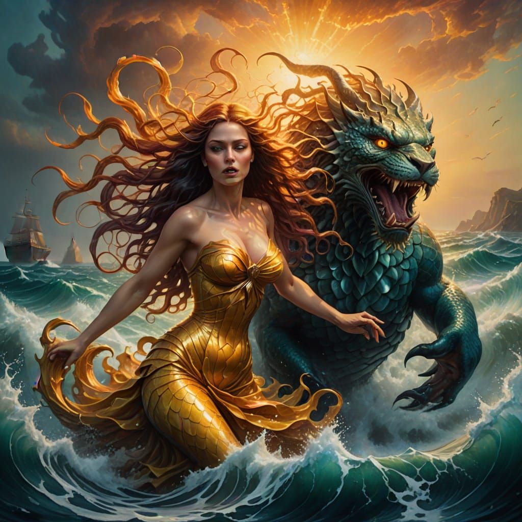 Surreal Siren Pulls Man into Ocean: Oil Painting