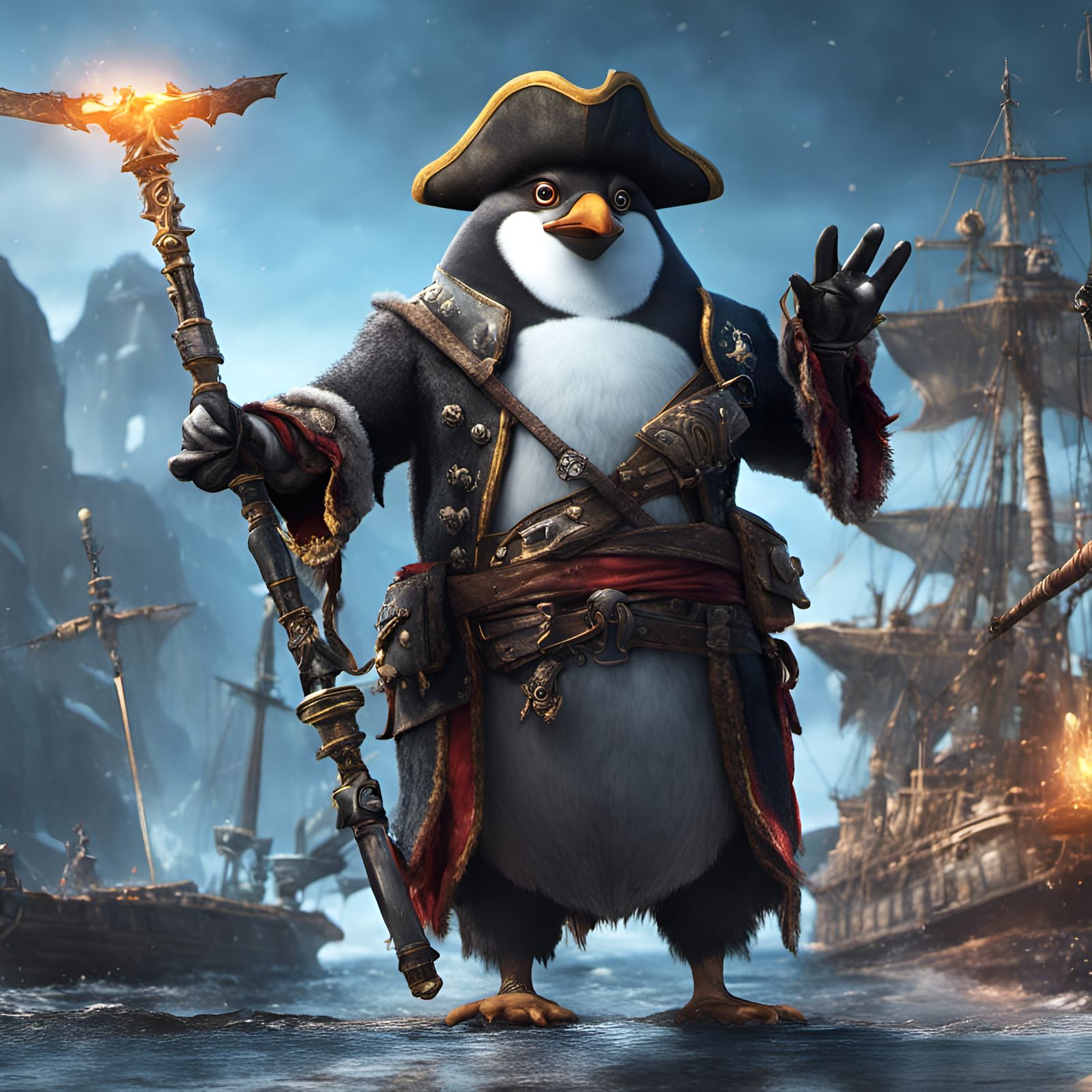 Frightening Penguin Pirate with Saber in Detailed Painting