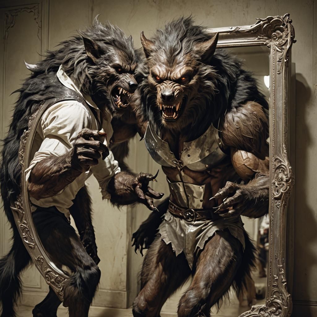 Werewolf Confronts Inner Beast in Mirror