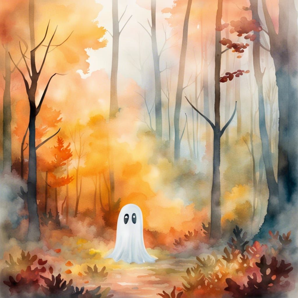 Spooky Forest Ghost in Gouache Style Watercolor
