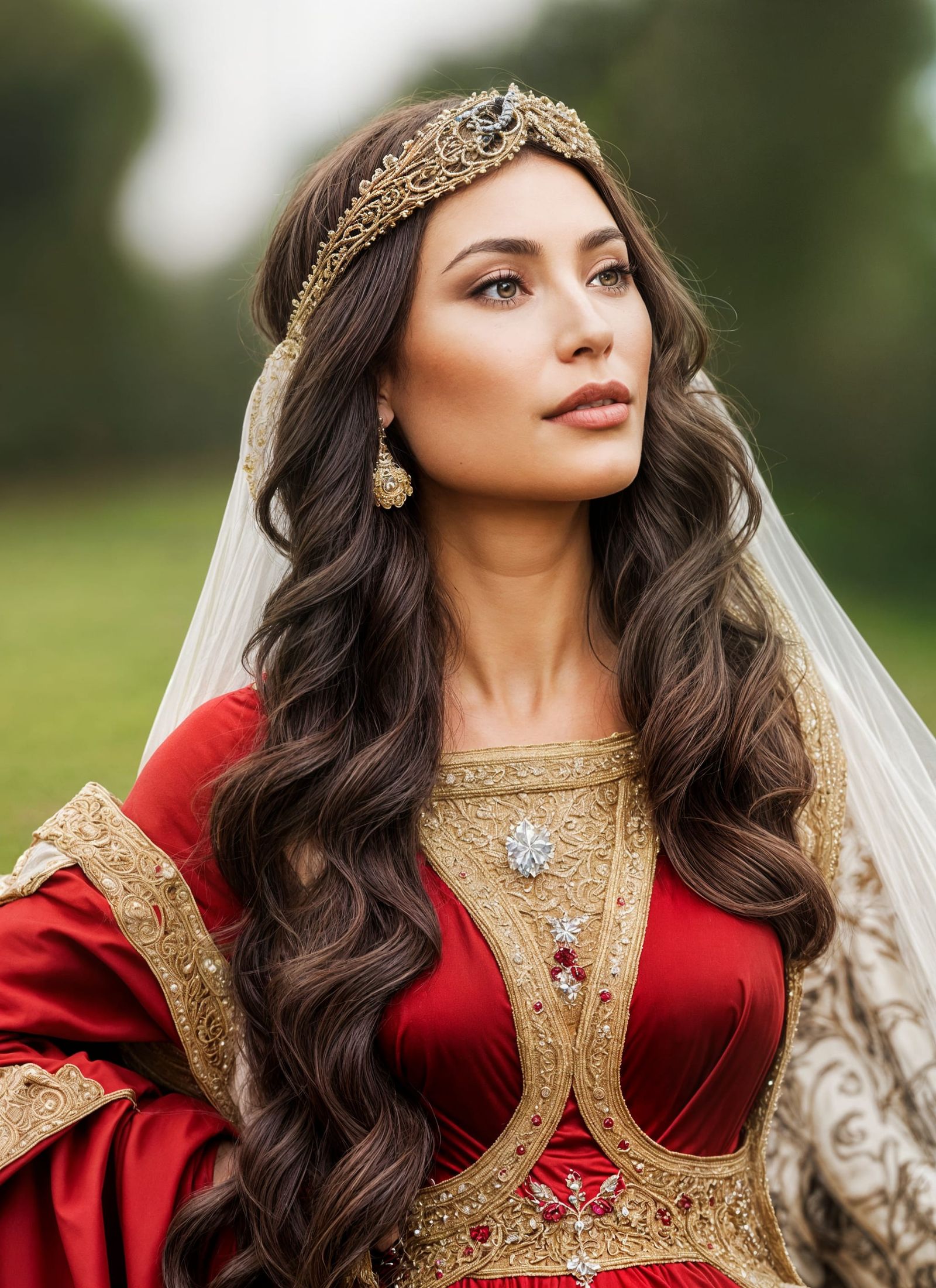 Medieval Woman in Red Gown, Romance Novel Style