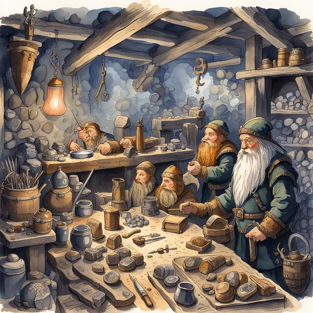 medieval lair dwarf mining treasure precious stone jewellery, weapon making, antique watercolour illustration, vintage ...