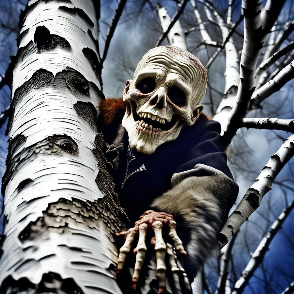 Creepy Creature in Birch Tree: Haunting Photograph
