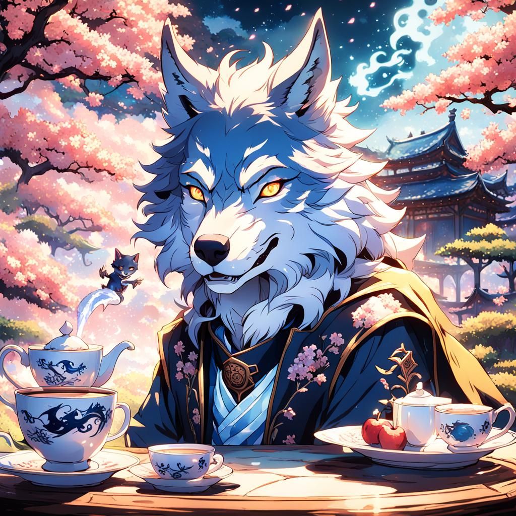 Wolf and Dragon's Serene Tea Party in Anime Style