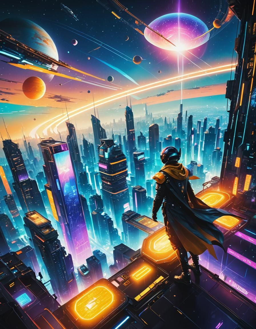 Cyberpunk Metropolis: Iridescent Cityscape in Space