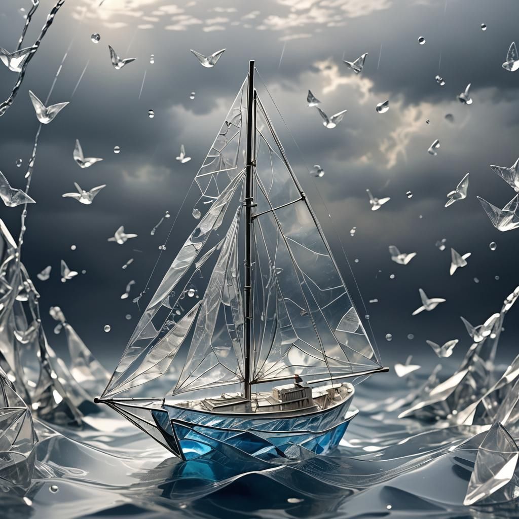Glass Origami Boat Survives Storm in Digital Art