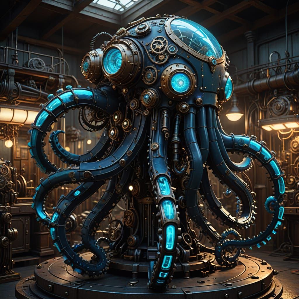 Steampunk Android Octopus in Neon-Lit Workshop
