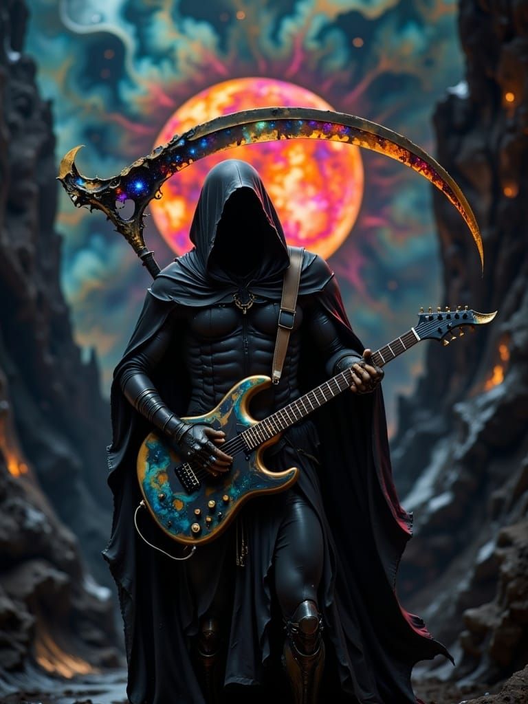 Grim Reaper Air Guitar in Dark Surrealist Style