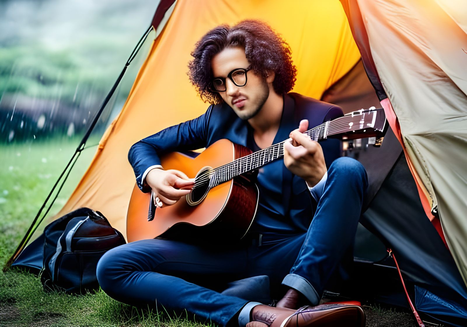 Rainy Garden Serenade: Portrait of a Guitarist