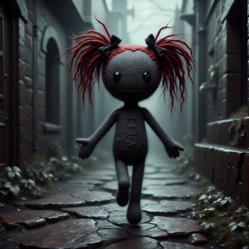 Dark Gothic Knitted Voodoo Doll in Mystical Landscape