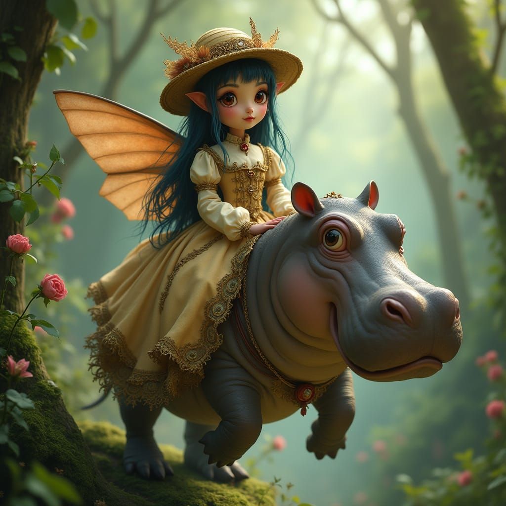 Ethereal Victorian Homunculus on Hippo Amidst Lush Landscape...