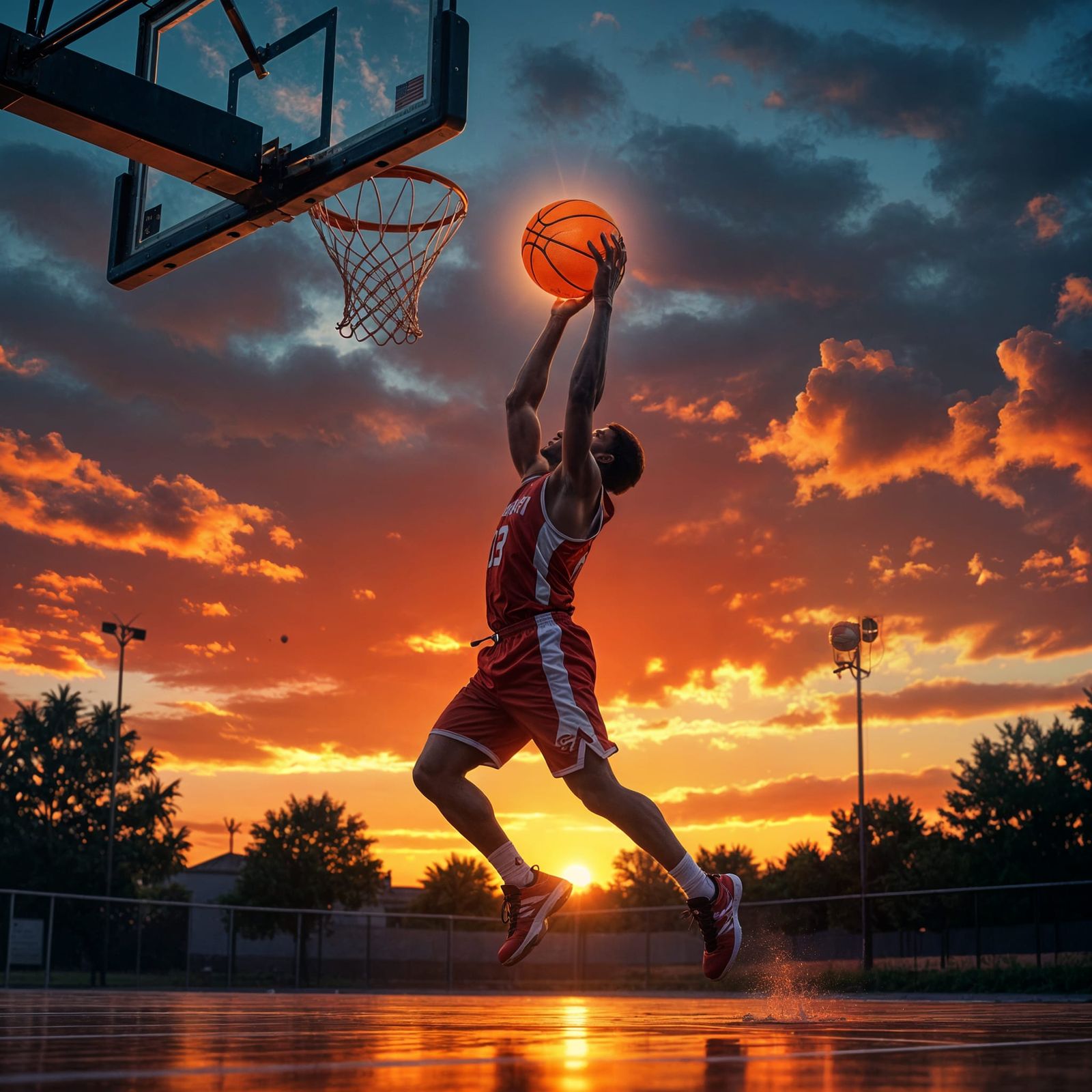 Basketball Player Silhouetted Against Fiery Sunset