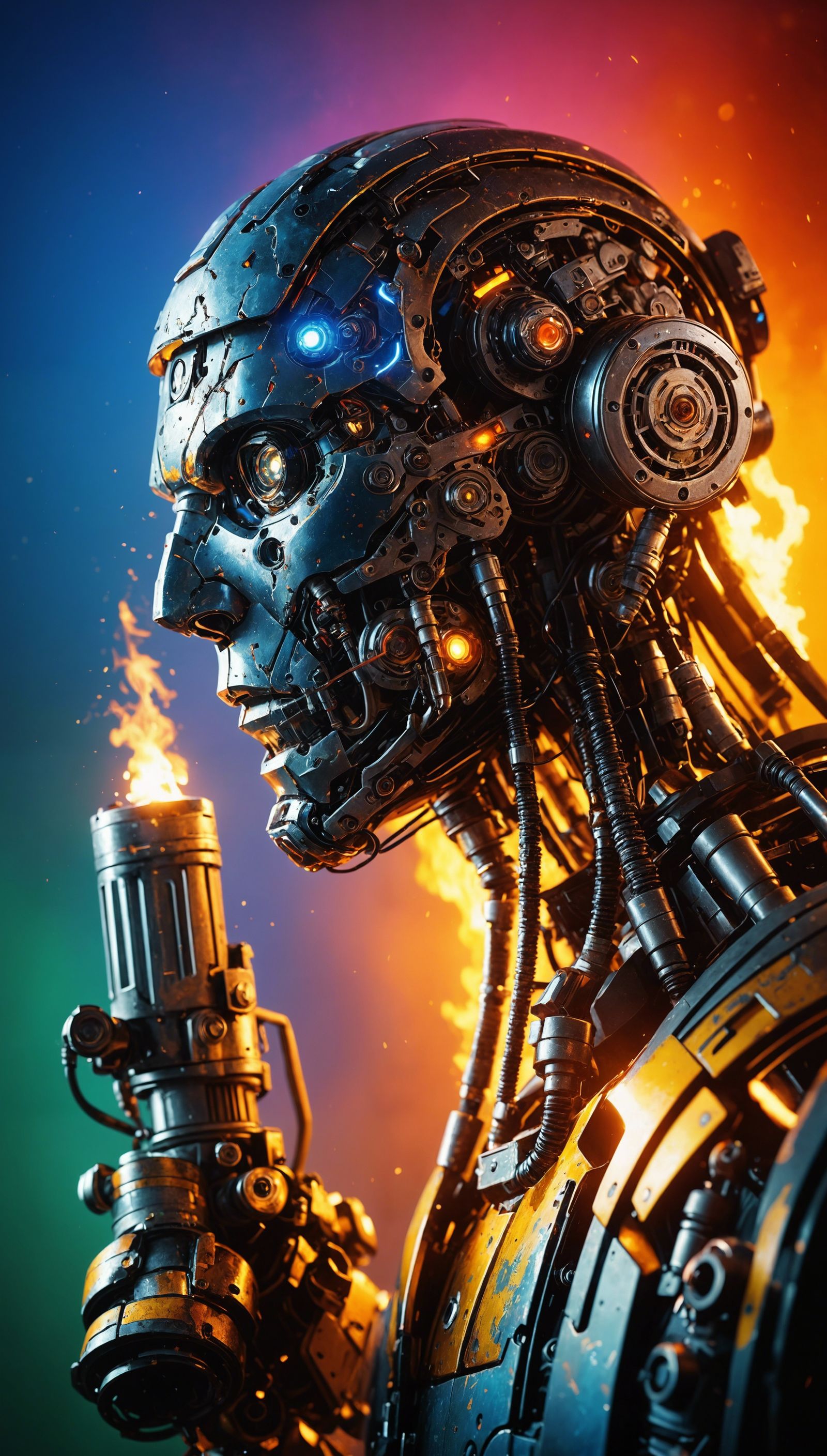 Hyperrealistic Robot with Flamethrower Splash Art