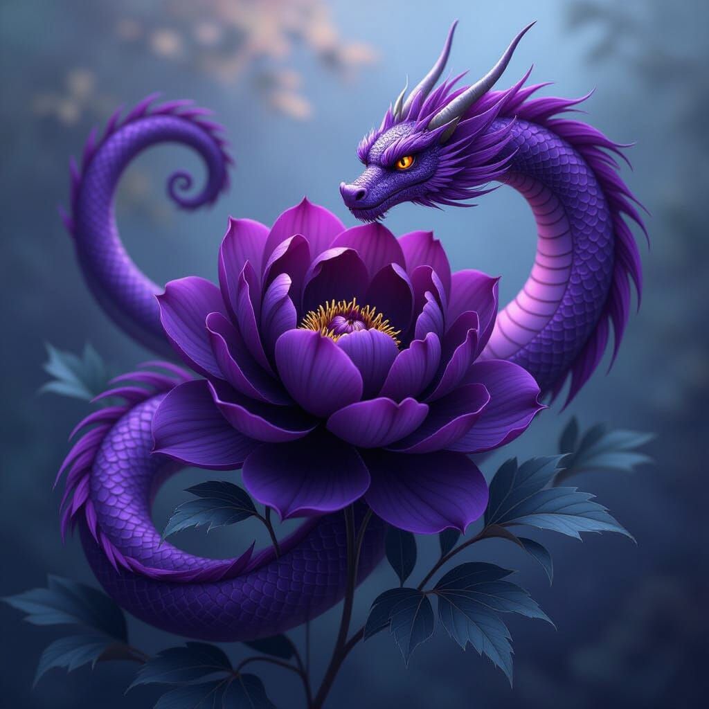 Black Peony and Purple Dragon in Ethereal Style