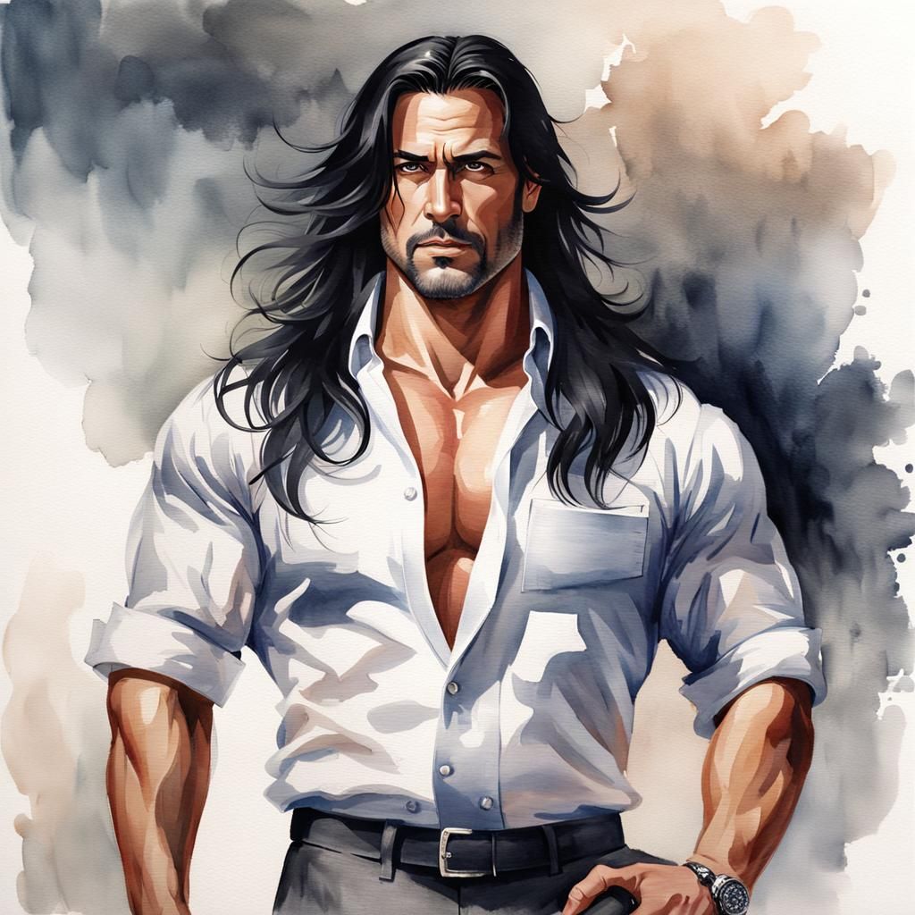 Watercolor Portrait of Muscular Chef with Long Hair