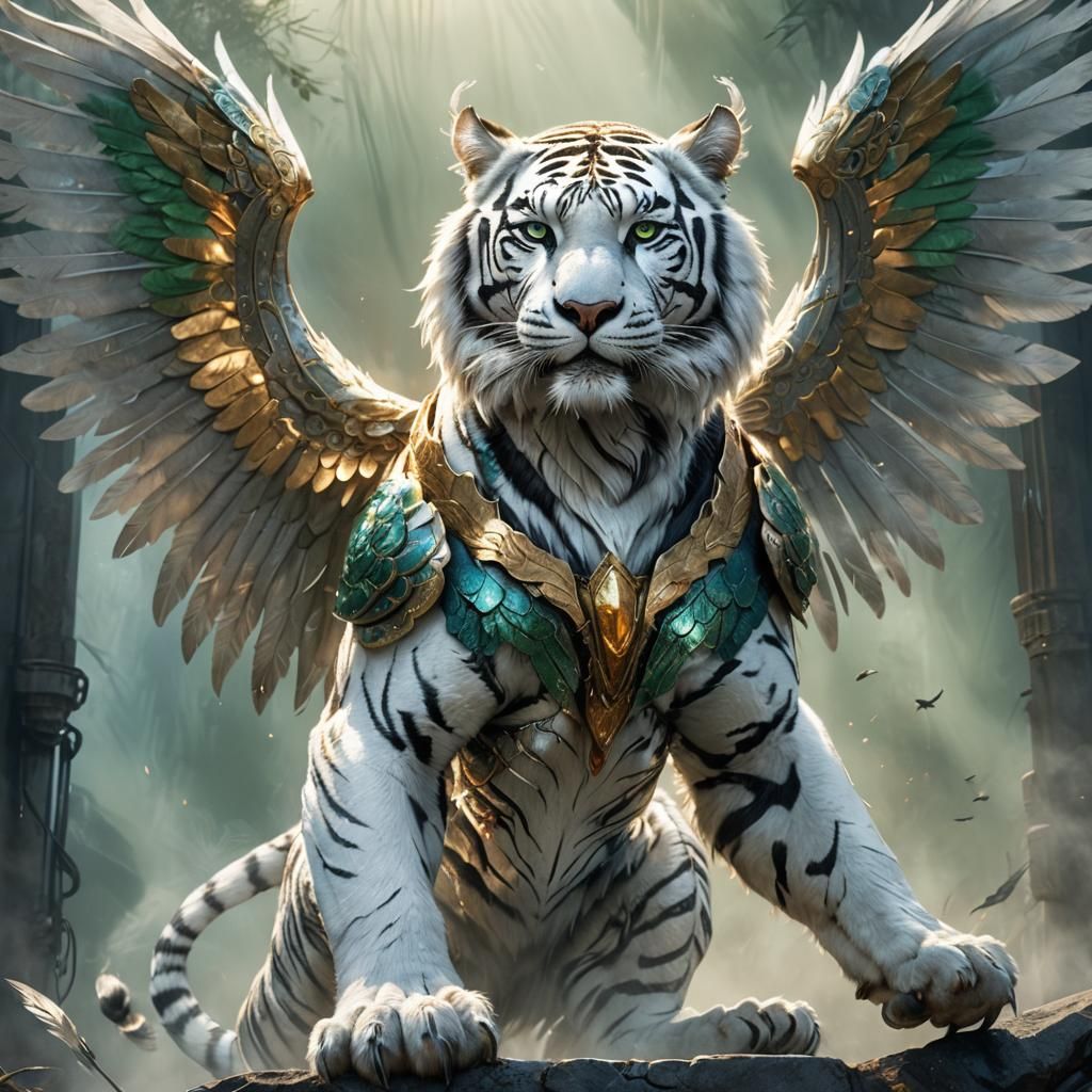 Heroic White-Green Tiger with Steel Wings