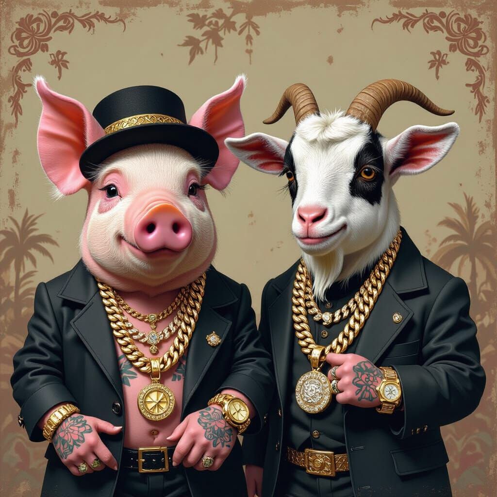 Piggy and Goat Gangsters in Dark Pop Surrealism