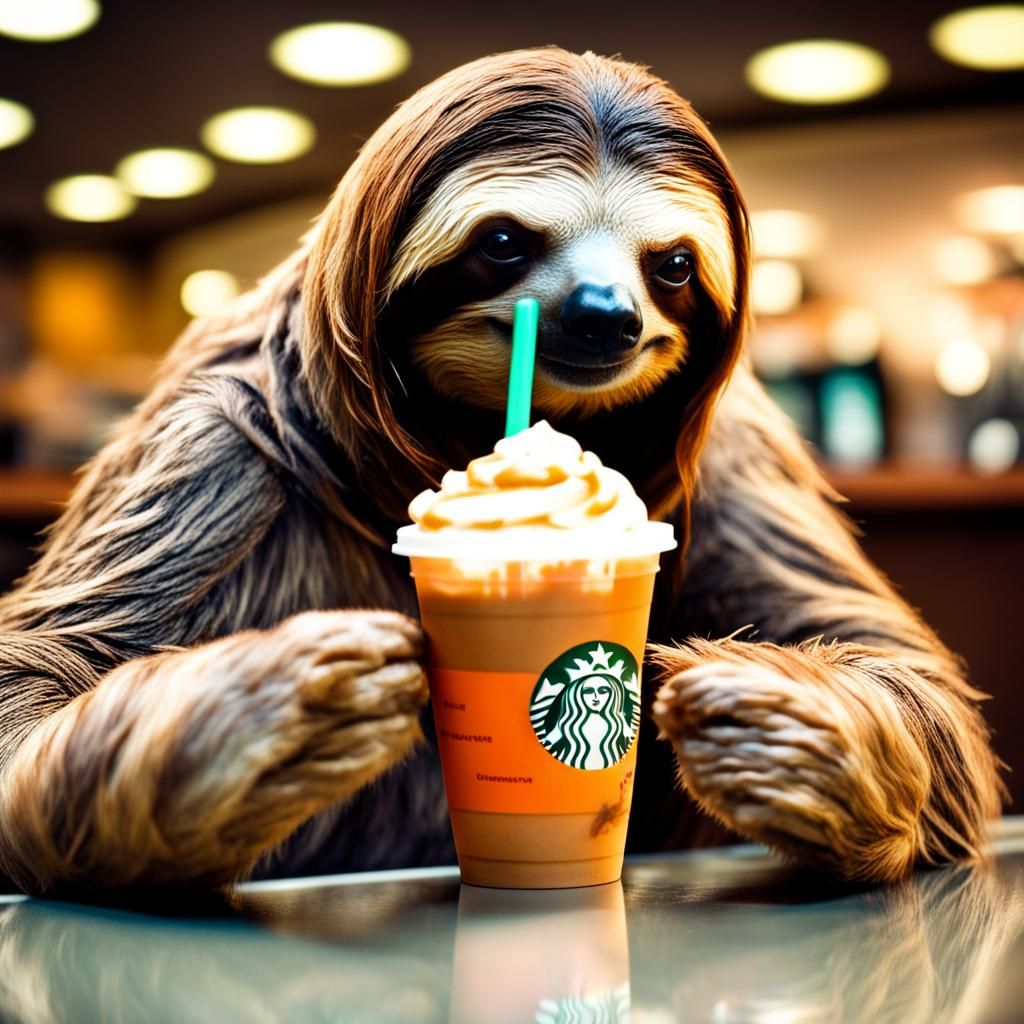 Sloth Enjoys Starbucks and Donuts: Hyperrealistic Mall Scene